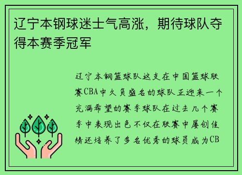 辽宁本钢球迷士气高涨，期待球队夺得本赛季冠军