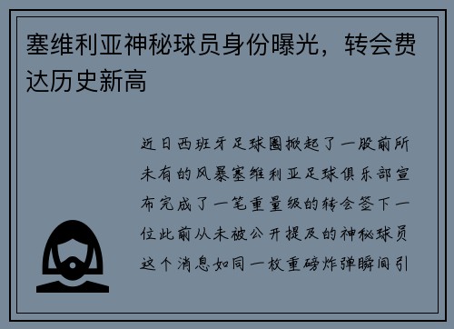 塞维利亚神秘球员身份曝光，转会费达历史新高
