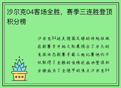 沙尔克04客场全胜，赛季三连胜登顶积分榜